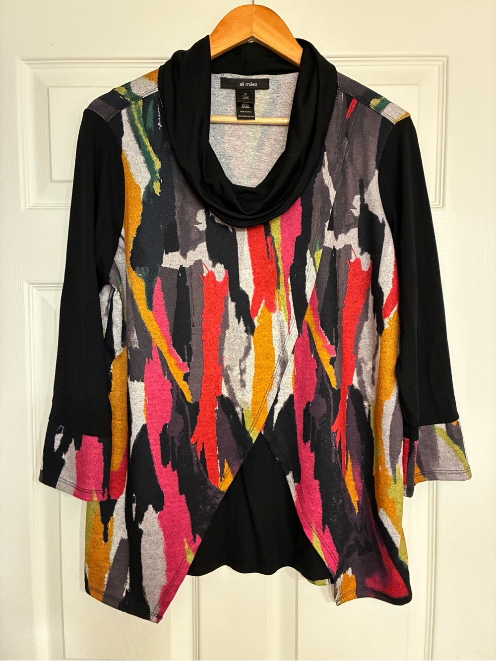 Ali Miles Black Tunic with Pink, Red and Gold Abstract Print